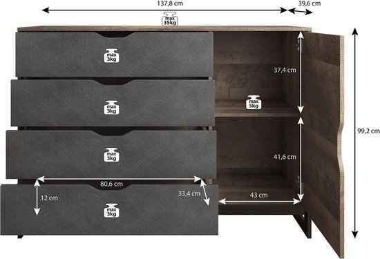 Commode acasia grijs eiken 138 cm g2jvjwjqvp0j