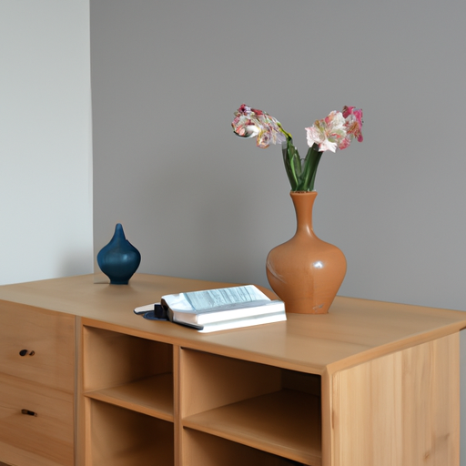 Dressoir in eikenkleur staat in een modern ingerichte kamer met vaas en boeken op het tafelblad