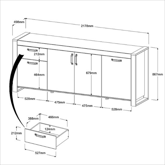 Dressoir sandy 218cm met 4 deuren en 1 lade grijze eik/beton 1dlpo30wgogo rwyrwo