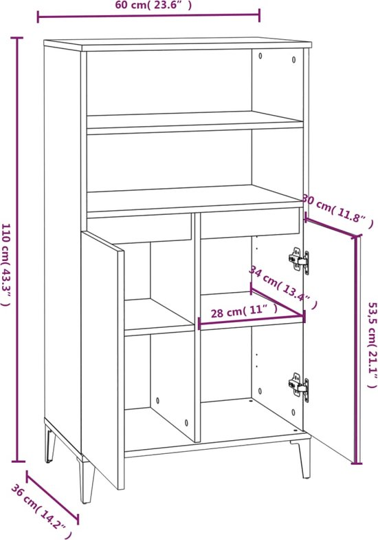 Dressoir spaanplaat 60x36x110 cm kleur eiken bruin rnzxrrmpav5q vadyb0