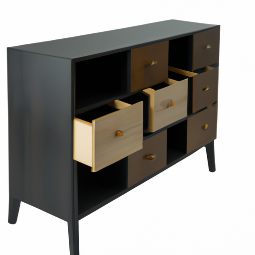 Een brede commode highboard met twee deuren en vier lades in zwart en sonoma eiken kleur