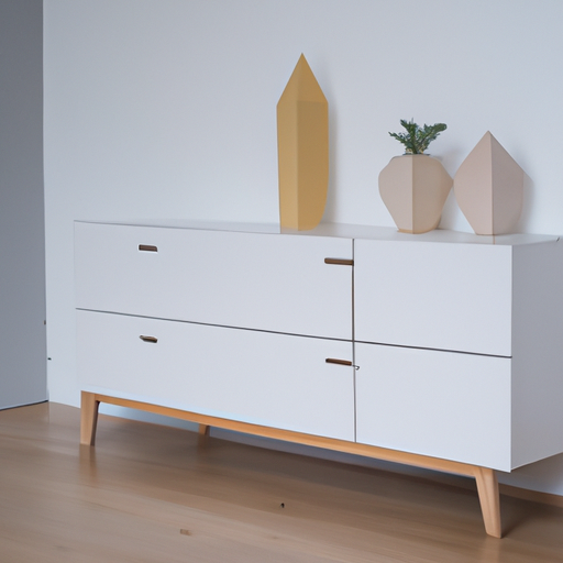 Een modern scandinavisch stijl dressoir in riviera eiken en witte kleuren in een goed verlichte kamer