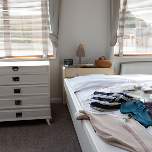 Een slaapkamer met het dressoir aan de zijde van het bed gevuld met kleding