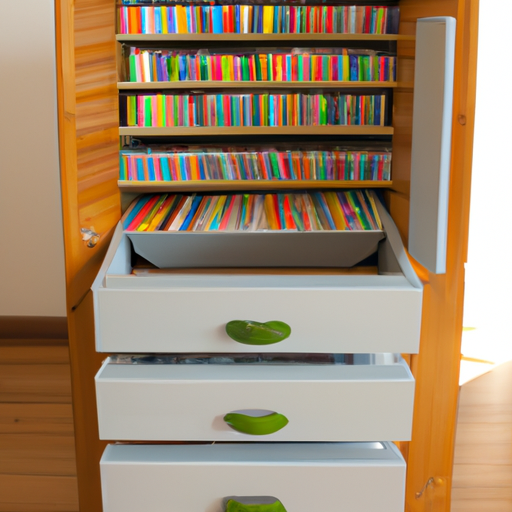 Het dressoir gevuld met een assortiment van boeken cds en dvds in de open vakken