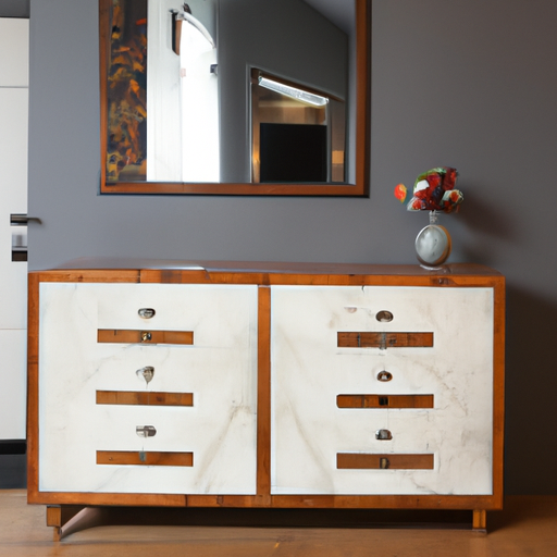 Het dressoir in een kamer met moderne decoraties om de luxe uitstraling te benadrukken