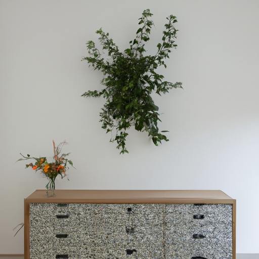 Het dressoir lissabon tegen een neutrale wand met decoratieve planten op de bovenkant