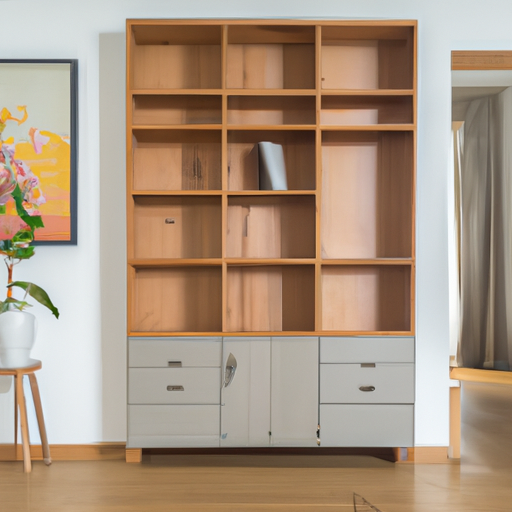 Het houten dressoir gebruikt als room divider in een modern ingerichte woonkamer