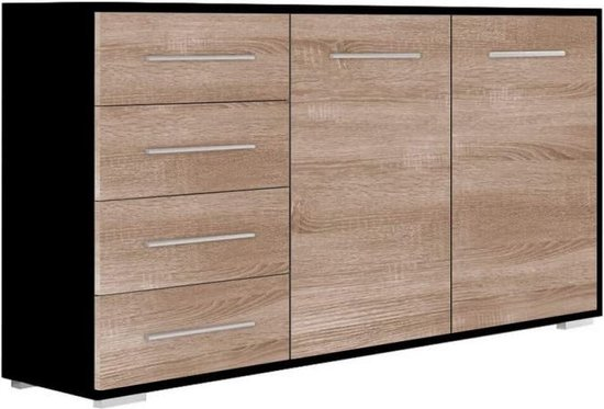 Inspireme commode, dressoir lade highboard kast bijzettafel met 2 deuren en 4 lades 135x45x95 cm kom001 (zwart+sonoma eiken ) y0kxl0amr44o omjeywl