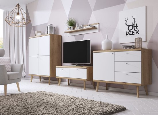 Inspireme dressoir commode kast 4 deuren ( breedte: 134 cm diepte: 40 cm hoogte: 107 cm) rubin rk107 (riviera eiken+wit) rk6lvrzqpmez mwvz1xq