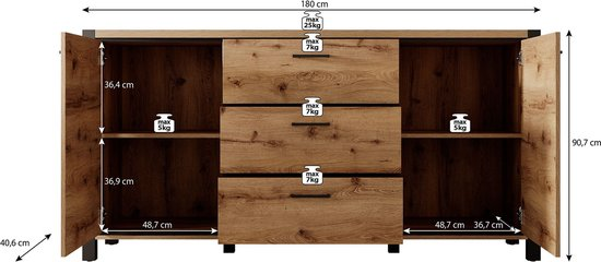 Meubella dressoir acapulco eiken zwart 180 cm dxyemvggbqlk r0qjnz