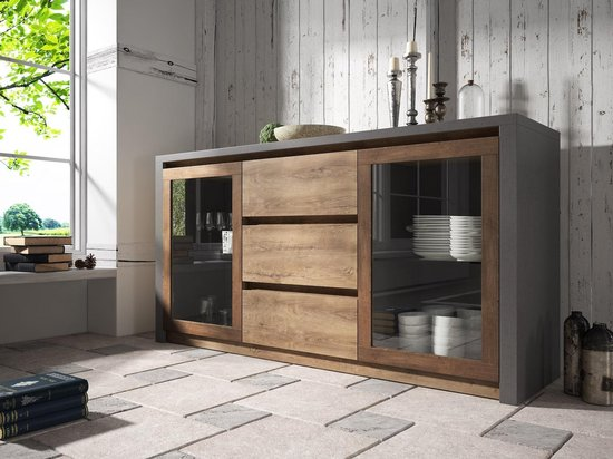 Meubella dressoir monaco eiken grijs met glas j66g8qqgjkgo