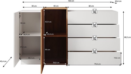 Meubella dressoir three wit eiken 160 cm 5rvooo57ln5x wqw2g8